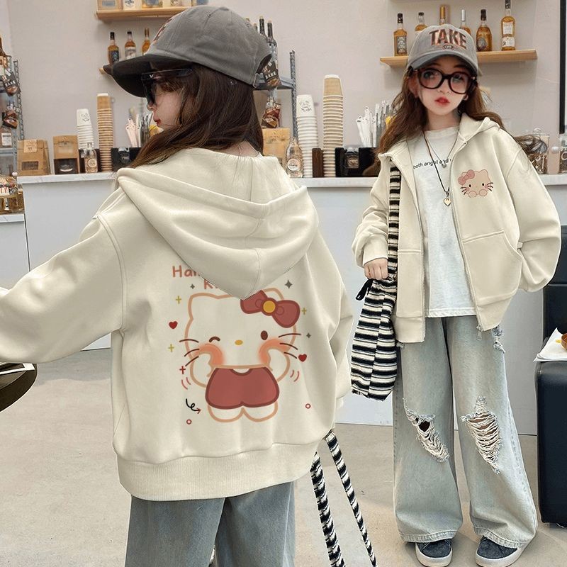 เสื้อกันหนาวมีฮู้ดเด็กผู้หญิงการ์ตูน Kiit Cat เสื้อสเวตเตอร์ถักหลวมซิปแจ็คเก็ต