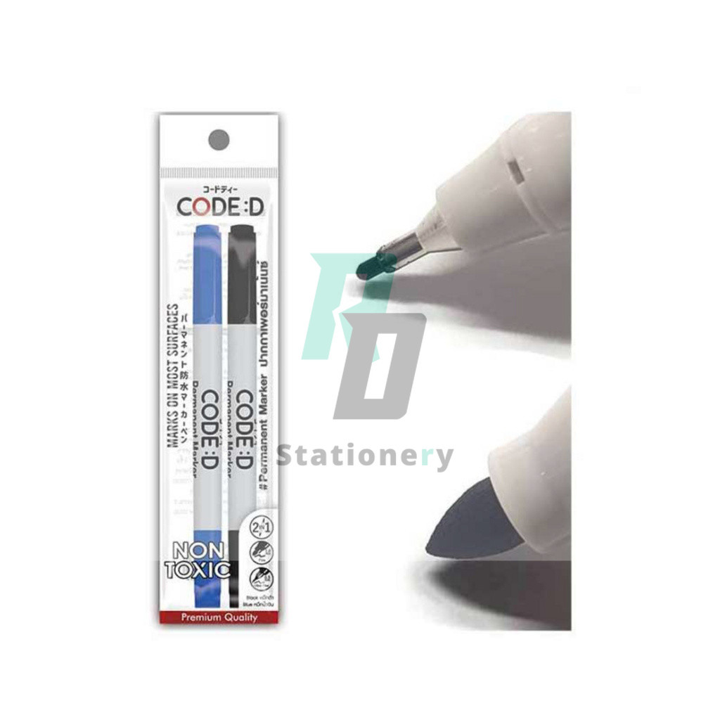 CODE:D ปากกาเพอร์มาเน้นซ์ Permanent Marker แพ็กคู่ 2 ด้าม ดำ+น้ำเงิน
