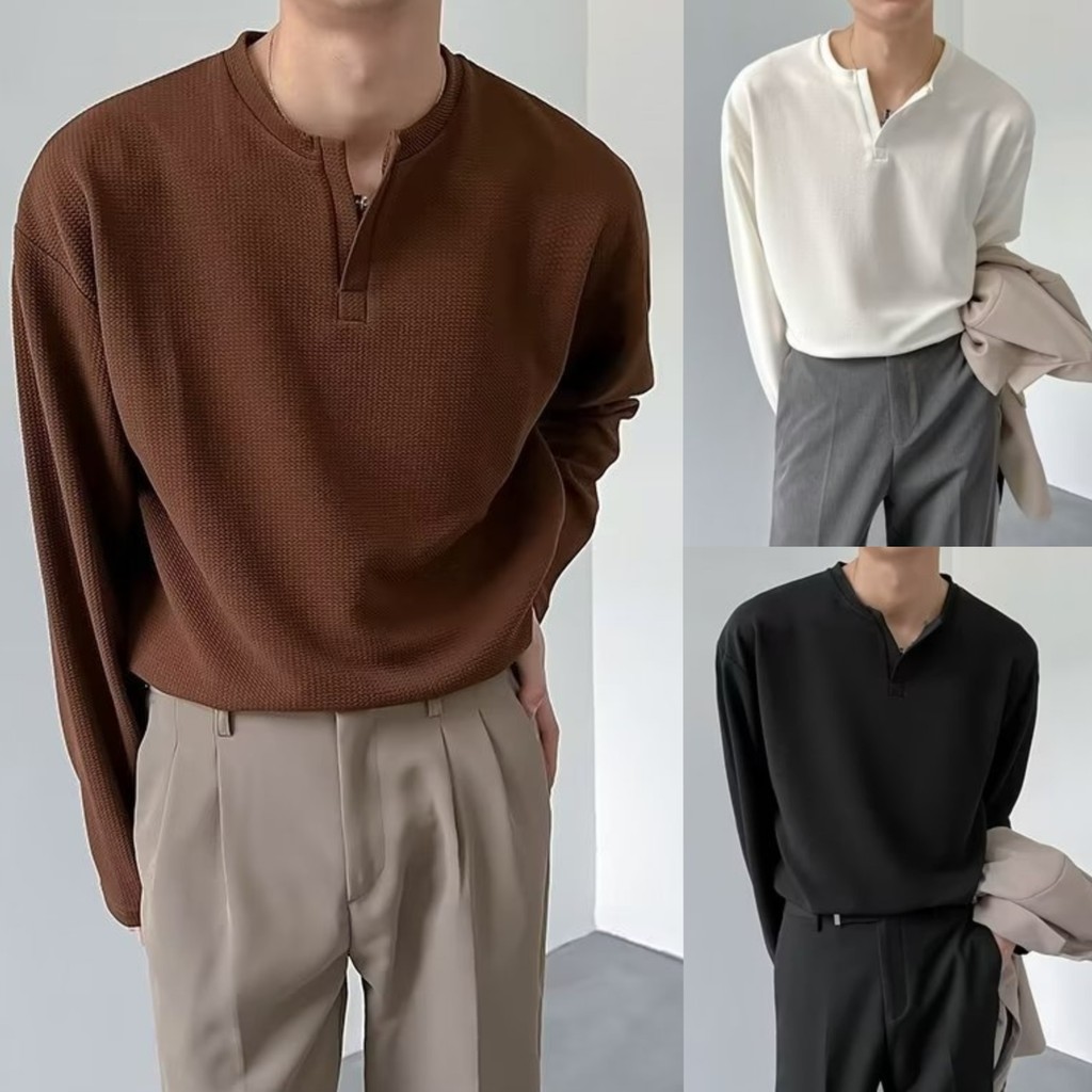 เสื้อยืดแขนยาว คอกว้าง อินเทรนด์บอททอม สีพื้น ระดับไฮเอนด์ สําหรับผู้ชาย