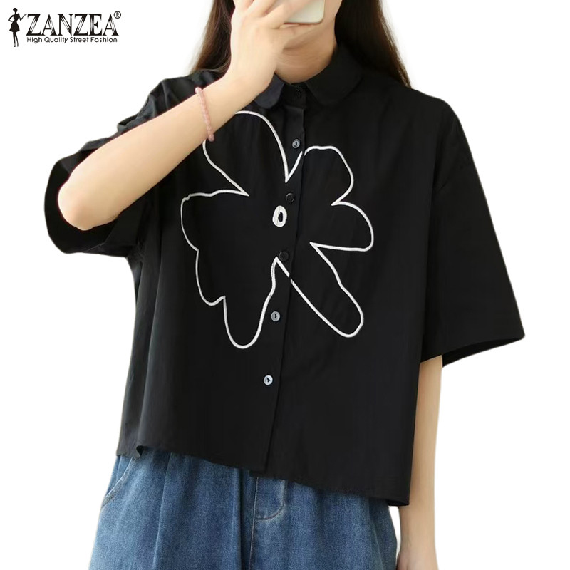 Zanzea เสื้อเชิ้ตแขนสั้นพิมพ์ลายดอกไม้เรียบง่ายลําลองสําหรับผู้หญิงเกาหลี