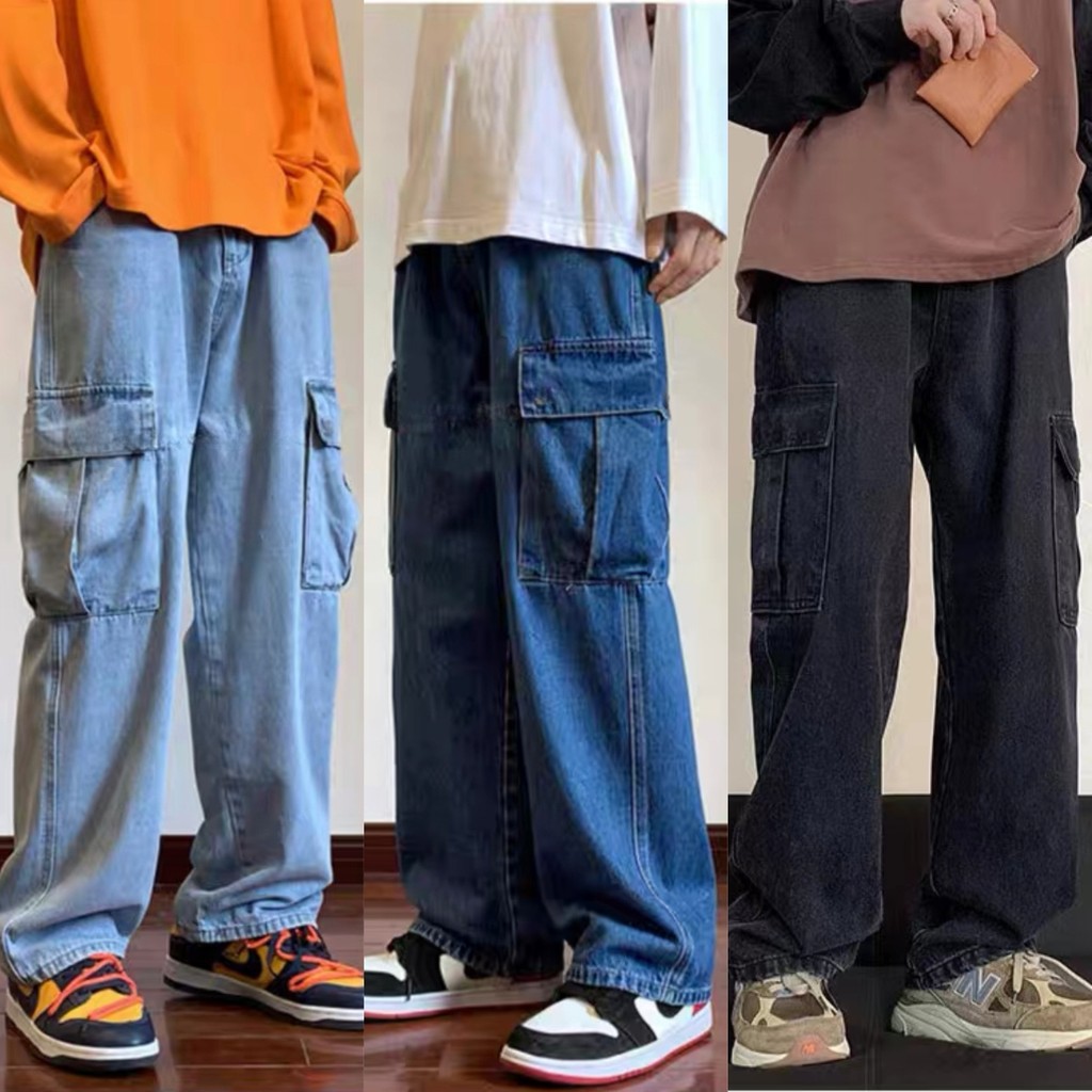 Malaysia Spot COD Mens Korean Fashoins Harem Blue Loose Fit Jeans Mens Hiphop Vintage Straight Pants HarajuJeans Baggy High Quality