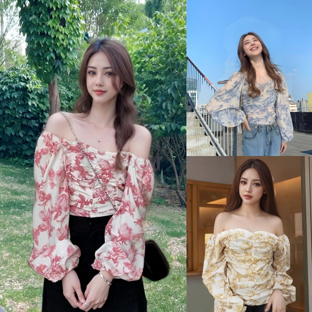 ใหม่! เสื้อชีฟองปาดไหล่ลายดอกสุดน่ารักแขนยาว สไตล์เกาหลีสีสันสดใส ราคาถูกสุดคุ้มพร้อมโปรโมชั่นพิเศษ