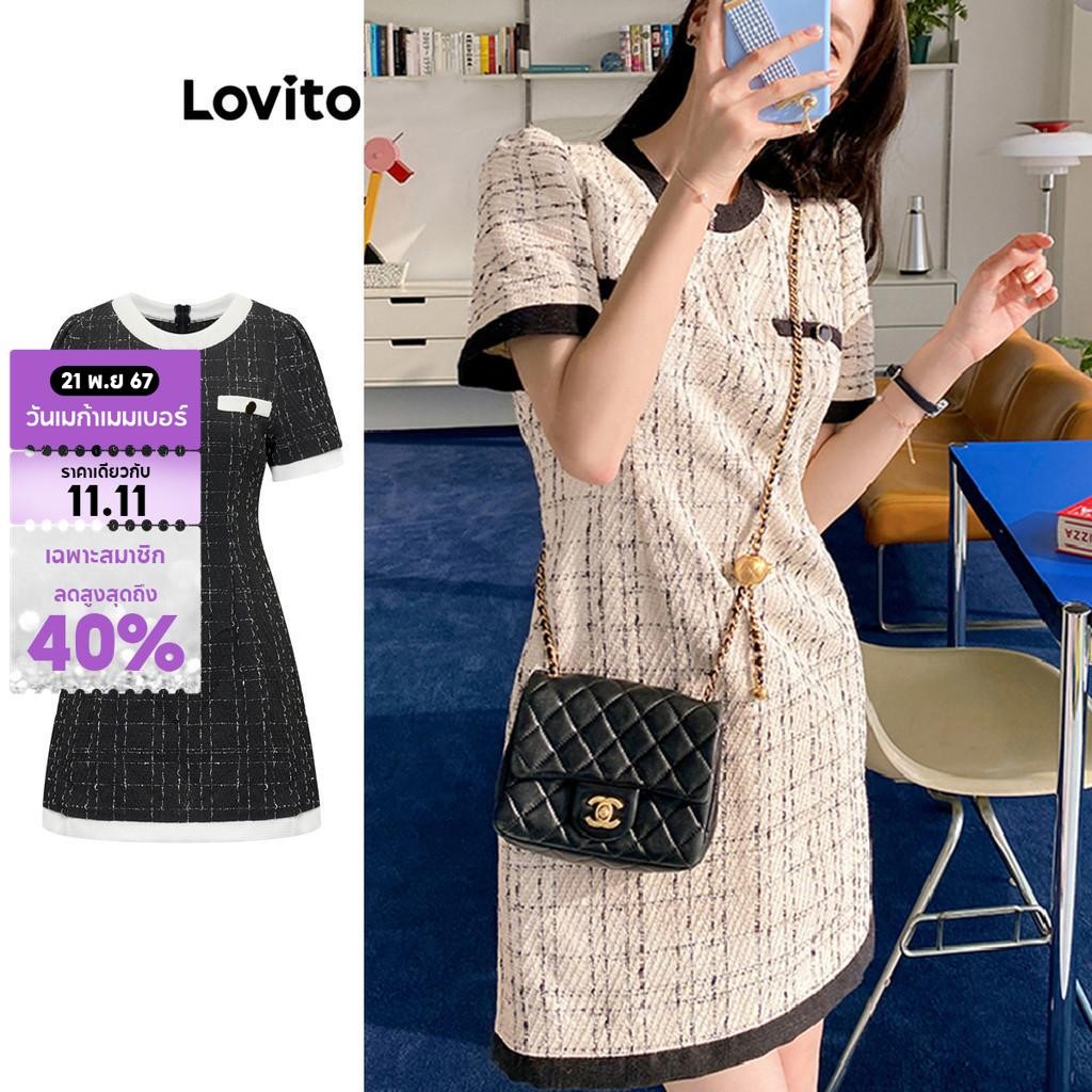 Lovito ชุดเดรสผู้หญิง มีกระดุม สีพื้น คัลเลอร์บล็อก สไตล์ลำลอง L76AD133(หลากสี)