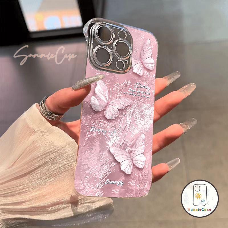 สีชมพู ผีเสื้อ เคสไอโฟน 13 สำหรับ IPhone 13 16 15 14 12 11 Pro Max 15 14 16 Plus 16Pro 12Pro 11 13 Pro MaxUltra-thin เคส