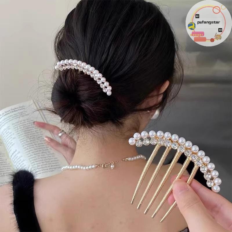 Pufangstar หวี Hairpin สุภาพสตรี Rhinestone Pearl Hairpin ผมโลหะ Hairpin เจ้าสาวงานแต่งงานจัดเลี้ยงอุปกรณ์เสริมผม Headdress TH