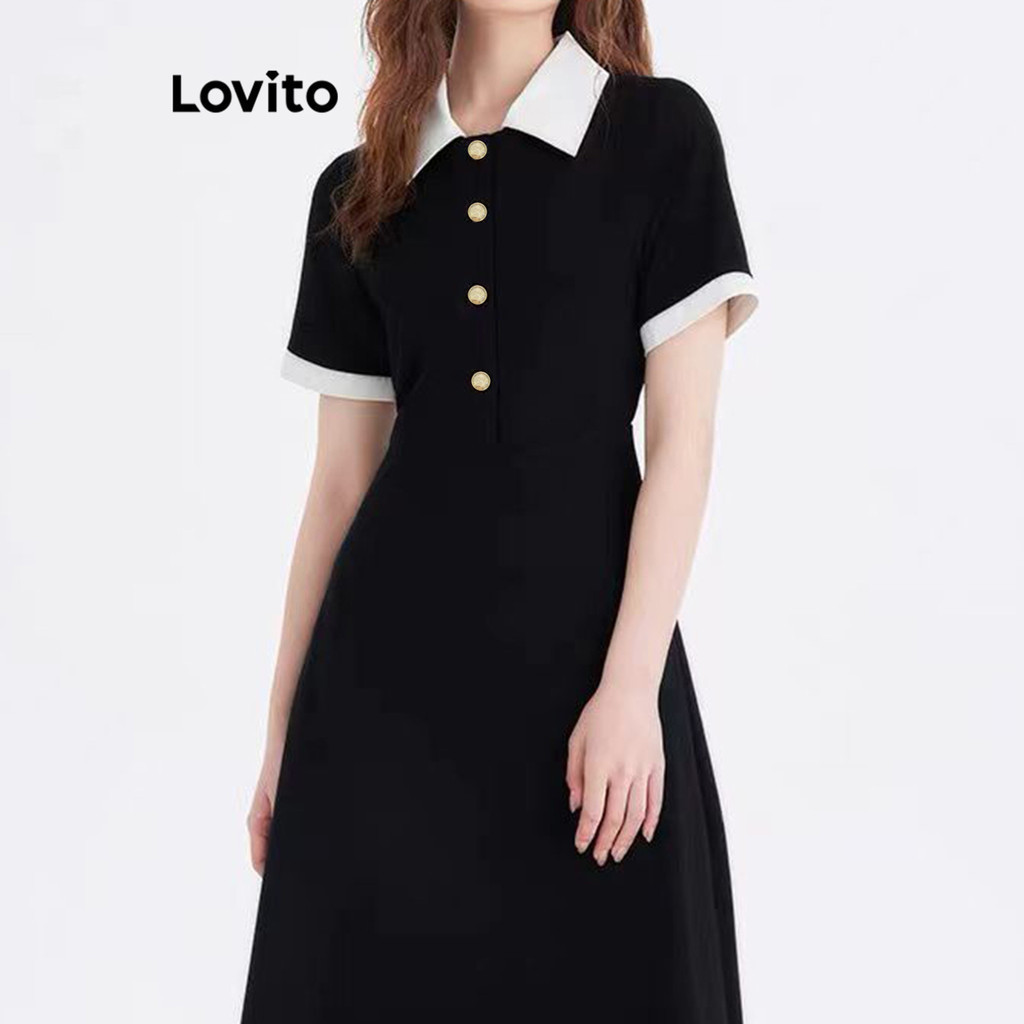 Lovito ชุดเดรสผู้หญิง บล็อกสี สีพื้น สไตล์หรูหรา LNE60351