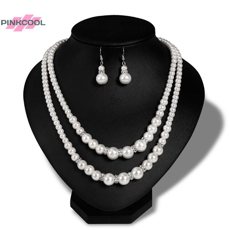 Pinkcool โซ่คู่เครื่องประดับมุกชุดผู้หญิงจําลองสร้อยคอมุกต่างหูเครื่องประดับร้อน