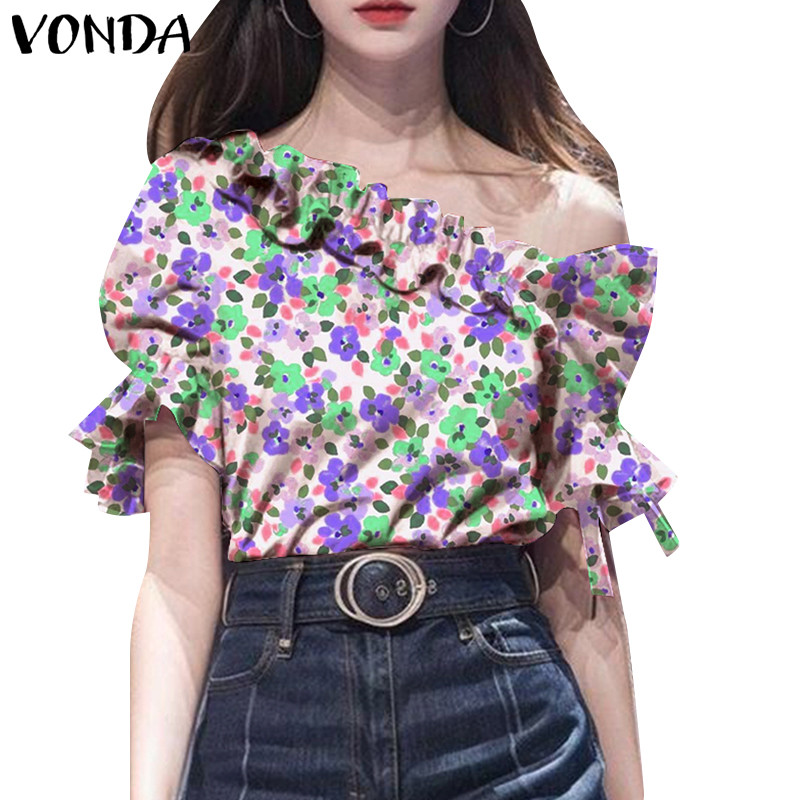 Vonda เสื้อเชิ้ตผ้าทอแขนพองพิมพ์ลายสไตล์เกาหลีสําหรับผู้หญิง Presale