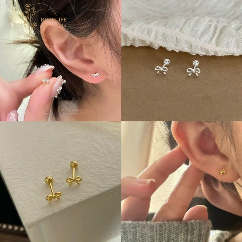 Roselife S925 เงินหวานน่ารัก Minimalist Mini Bow Pierced สกรูต่างหูผู้หญิงสไตล์ Hypoallergenic ทุกวันหู Studs อุปกรณ์เครื่องประดับ