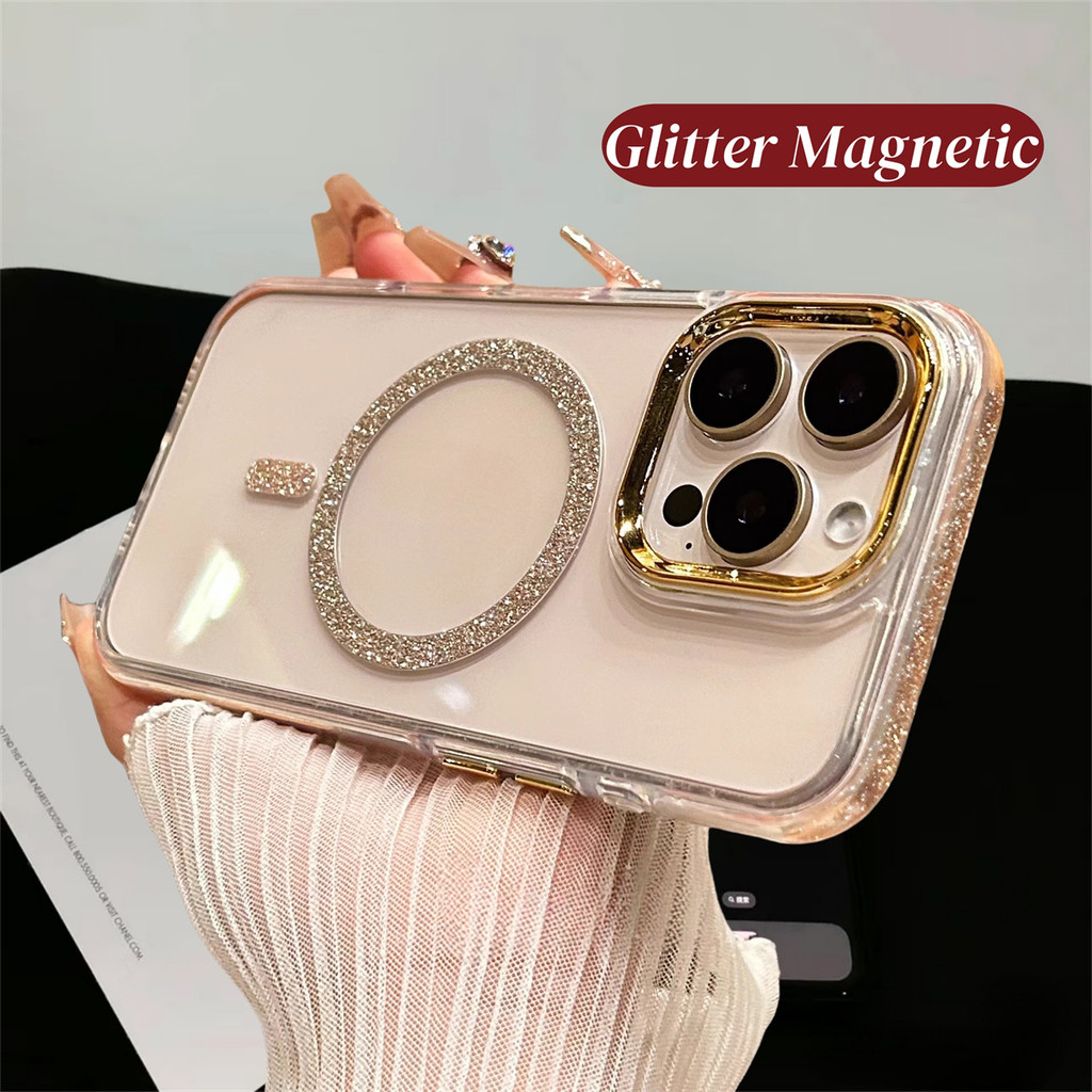 หรูหราโปร่งใส Bling Glitter เคสโทรศัพท์แม่เหล็กสําหรับ iPhone 16 15 14 13 12 11 Pro Max Clear กันกระแทกแม่เหล็กเงาปกแข็ง