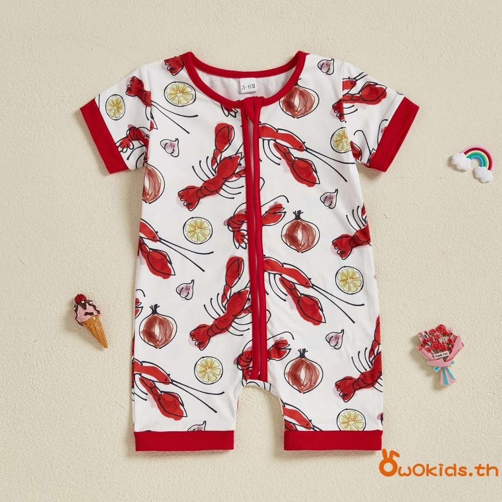 Baby Rash Guard ชุดว่ายน้ําสําหรับเด็กชายและเด็กหญิงพิมพ์กุ้งก้ามกราม Zip-up แขนสั้นลูกเรือคอชุดว่าย