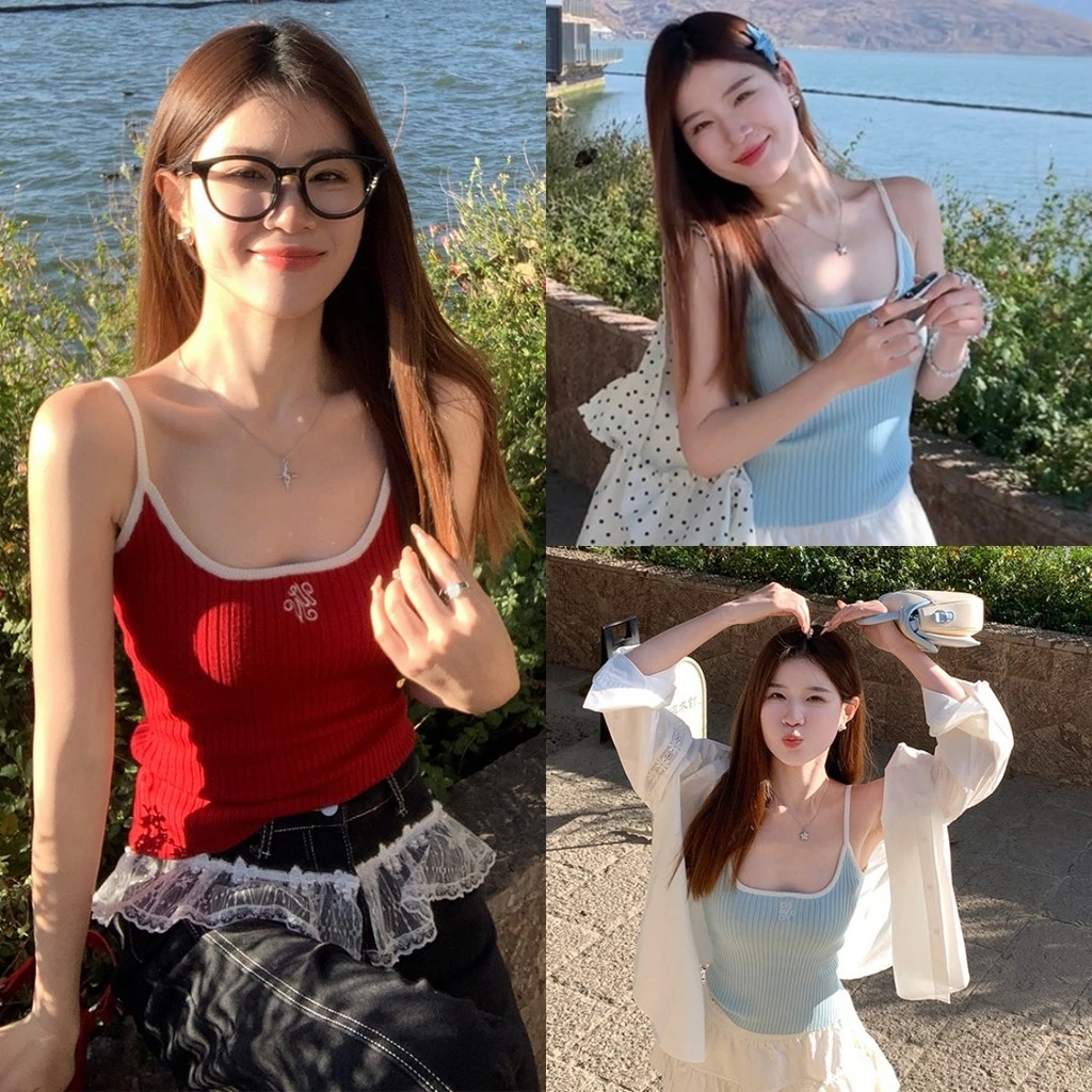 🥭Evelyn🥭เสื้อสายเดี่ยว สีสดใส ผ้าร่องปักตัวอักษร เสื้อกล้าม เข้ารูป ใส่สบาย สไตล์ลำลอง ใส่เที่ยว ซัมเมอร์