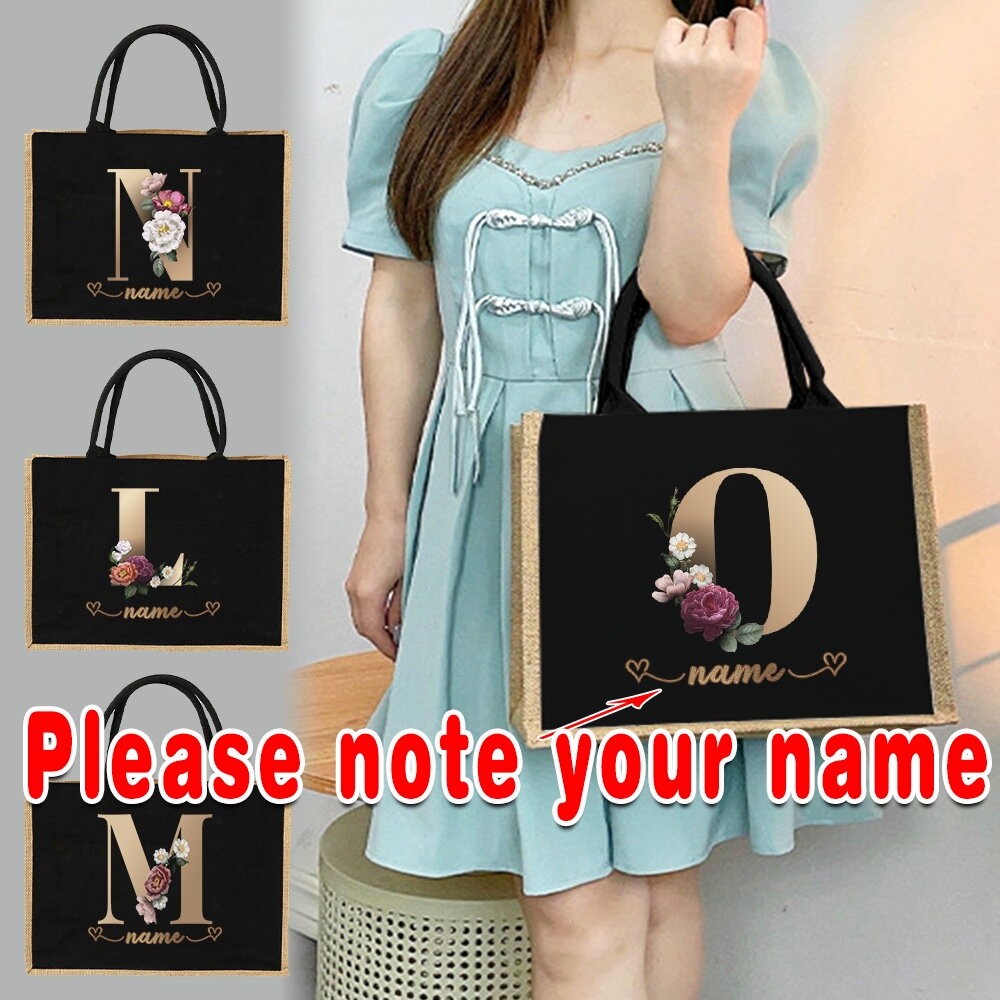 Customization nameๆกระเป๋าปอกระเจาผ้าลินินกระเป๋าโท้ทกระเป๋าจดหมายแบบพกพาแฟชั่นกระเป๋าชายหาดกระเป๋าช้อปปิ้ง