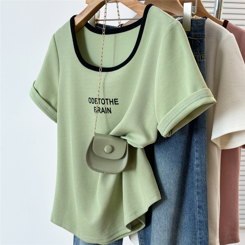 Oversize Tops(40-125kg) ผู้หญิง Plus ขนาดแขนสั้น U คอเสื้อยืดพิมพ์แฟชั่นหลวมเสื้อยืด