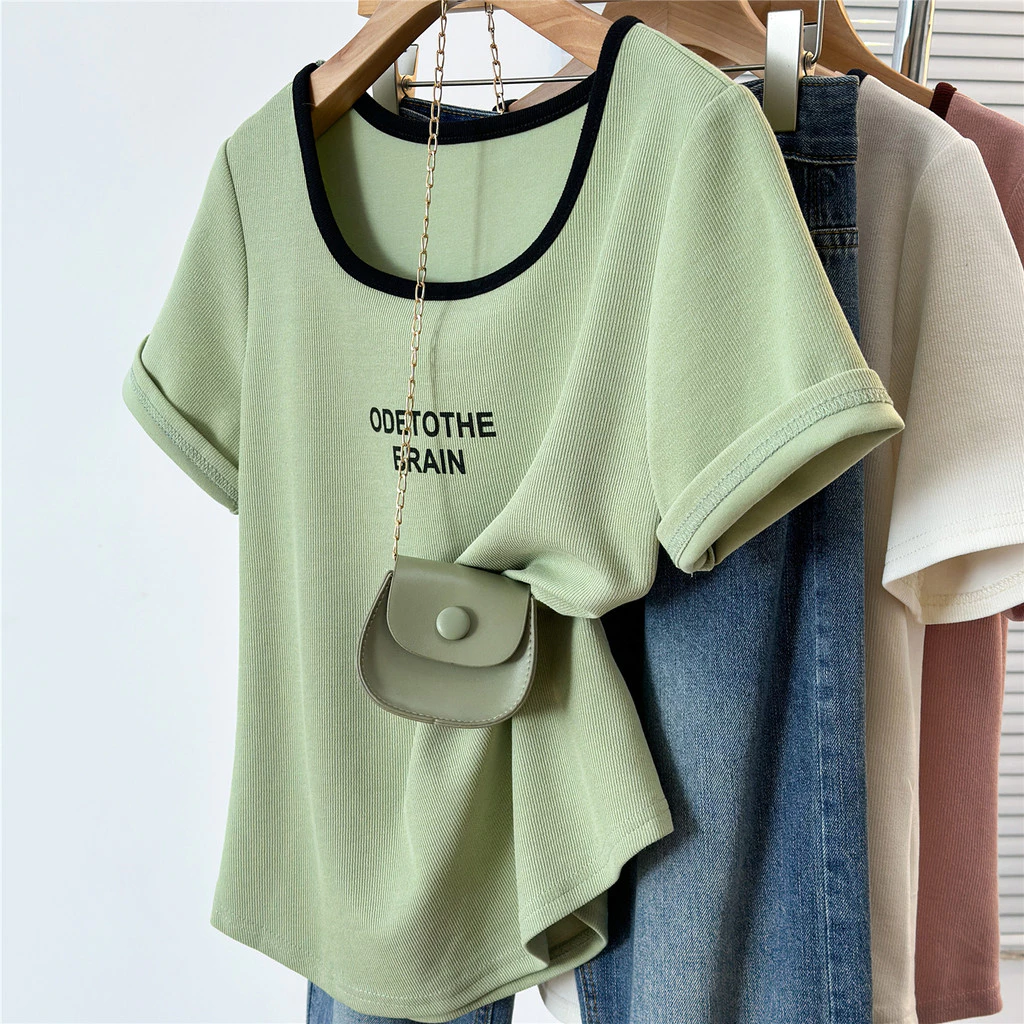 Oversize Tops(40-125kg) ผู้หญิง Plus ขนาดแขนสั้น U คอเสื้อยืดพิมพ์แฟชั่นหลวมเสื้อยืด