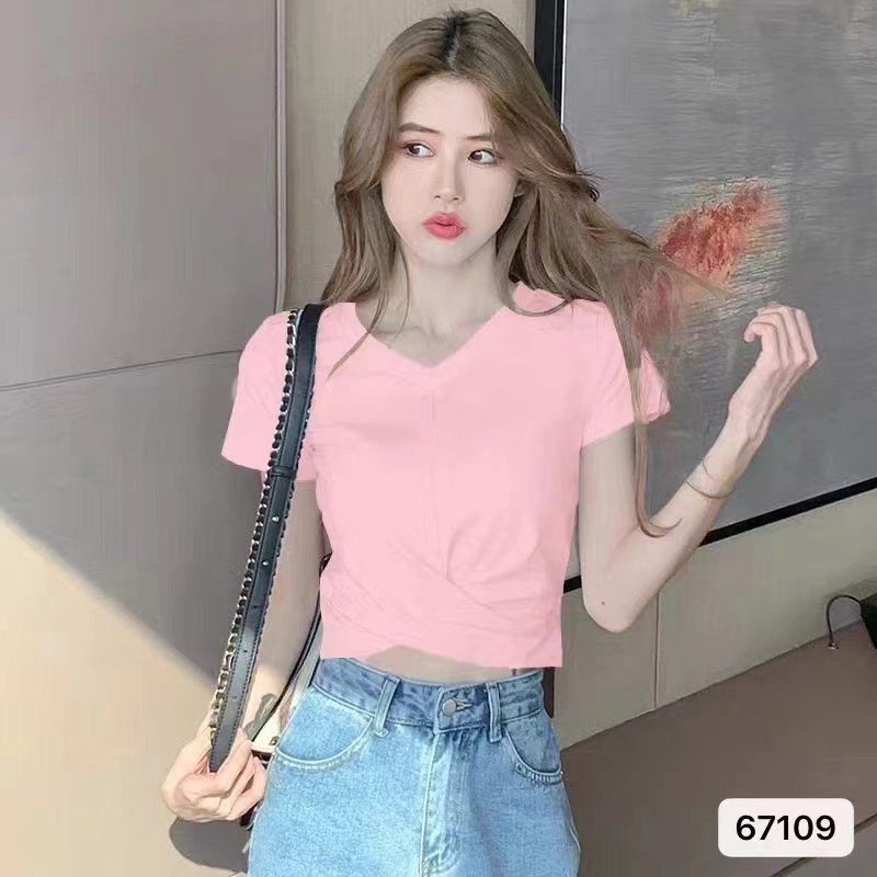 K ถัก Plus ขนาดเสื้อผ้าผู้หญิง Pure Desire Classy V คอ Cross Navel Slimmer ดูแขนสั้น Guard Me Jiahua