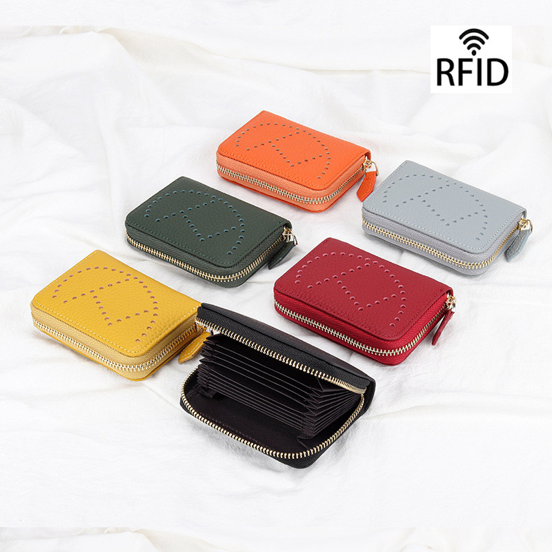 Multi-Card Slot RFID Anti-Degaussing Card Holder Womens Cowhide Fashion Small Wallet Integrated Desi