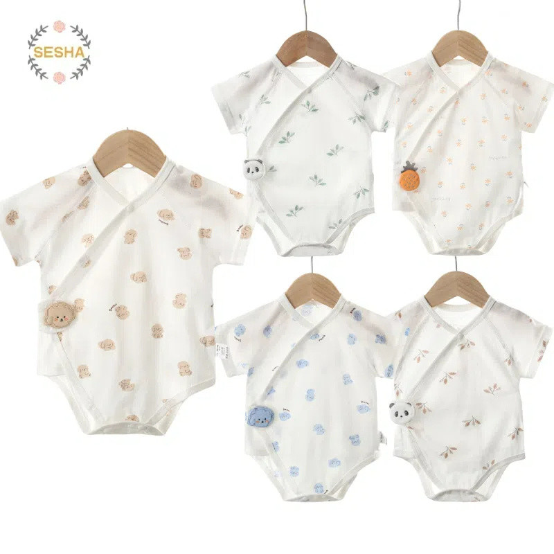 ชุดรอมเปอร์แขนสั้นทารกบางผ้าฝ้ายระบายอากาศสามเหลี่ยมชุดตีนตะขาบ