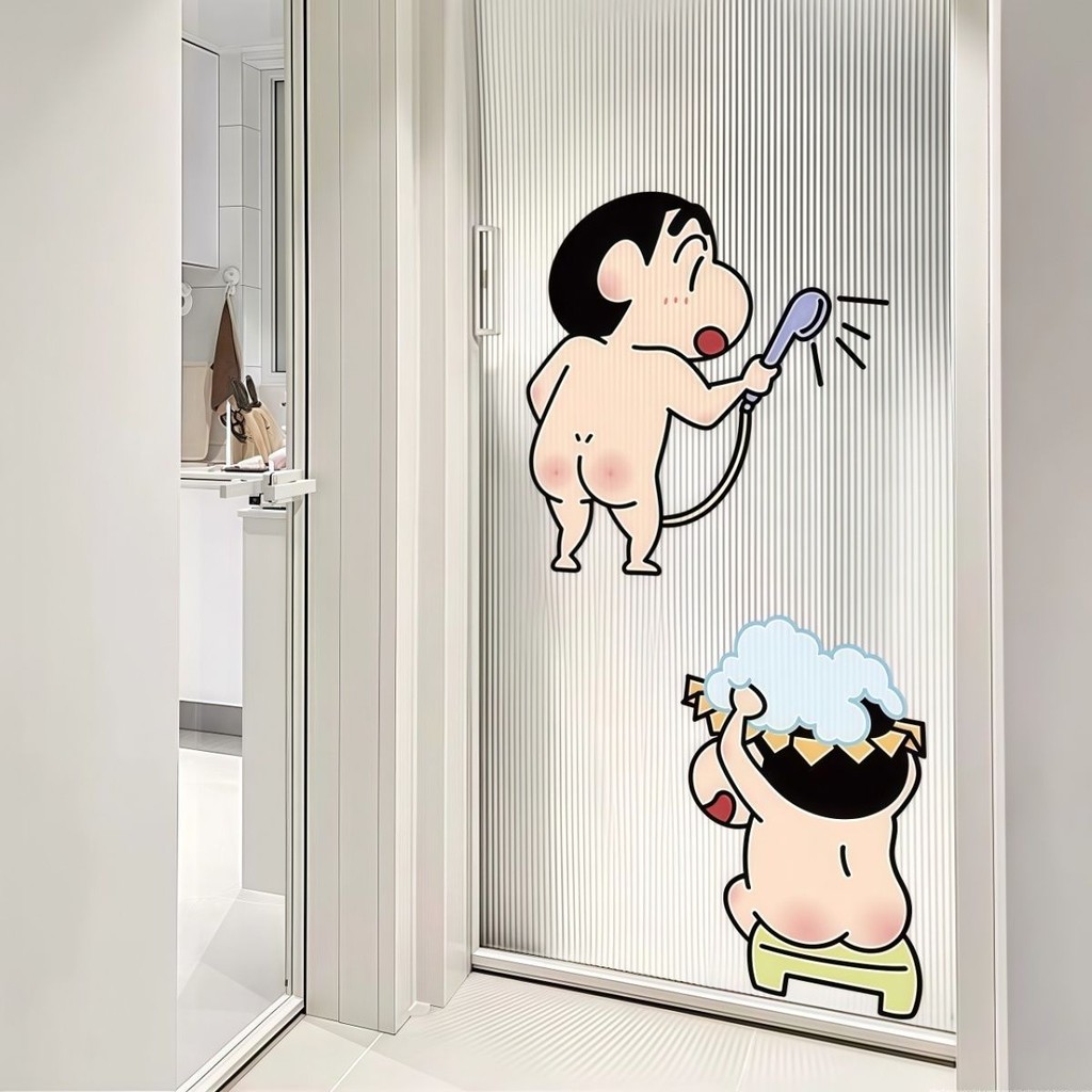 Creative Crayon Shin-Chan สติ๊กเกอร์ติดผนังการ์ตูน-สติ๊กเกอร์ติดกระจกห้องน้ํา-สติ๊กเกอร์ติดผนังกันน้ํา-ประตูบานเลื่อนตกแต่งป้องกันการชนกัน