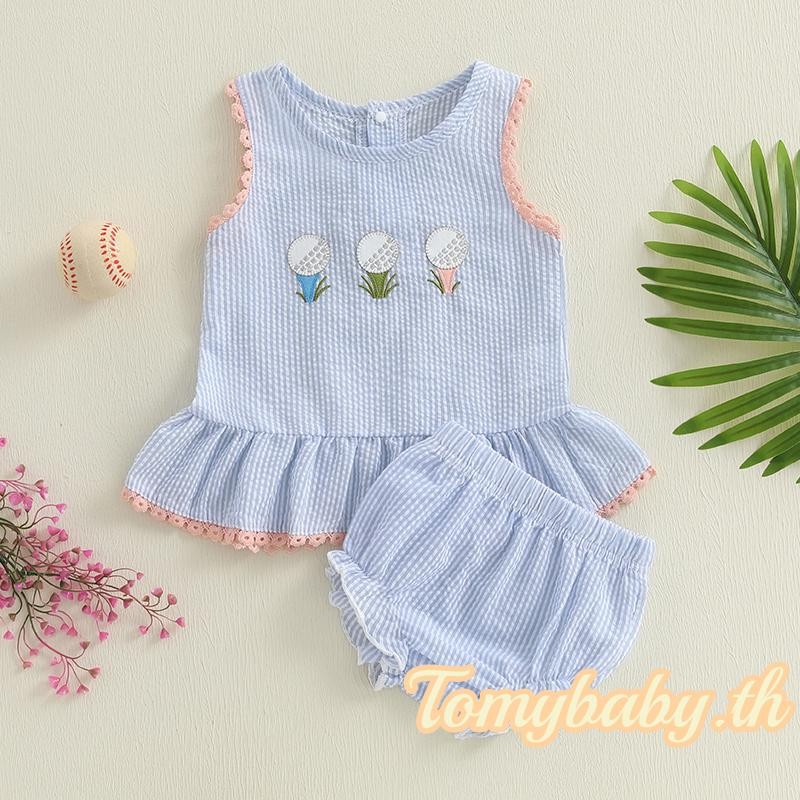 Tomybaby-ชุดเด็กผู้หญิงแขนกุดลูกเรือคอเย็บปักถักร้อยเสื้อกล้ามกอล์ฟ + ลายกางเกงขาสั้นชุดฤดูร้อน