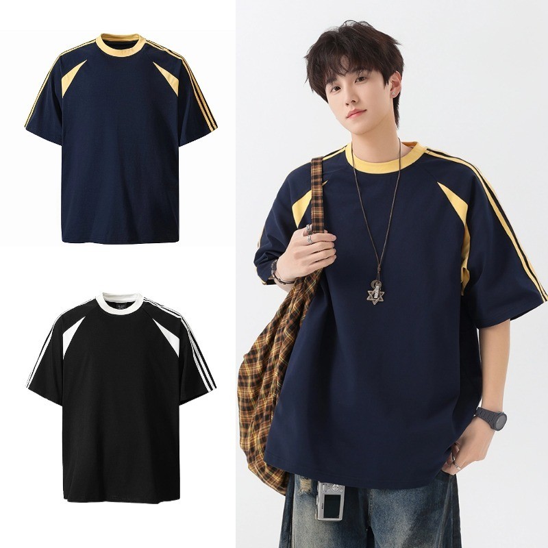 SUIKONE ซุยโคเนะ เสื้อยืดแขนสั้นลายทางสีตัดกันย้อนยุคอเมริกันฤดูร้อนผู้ชายและผู้หญิงเสื้อยืดผ้าฝ้ายหลวม ราคาถูก Shopee Lazada