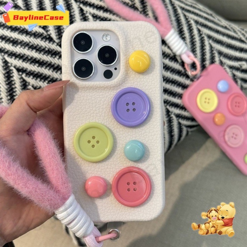 Ins 3Dปุ่มหนังเคสโทรศัพท์ + เชือกสําหรับiPhone 16 15 14 13 12 11 Pro Max X Xr Xs Max 8 7 6 Plus SE2020 Insซิลิโคนอ่อนนุ่มคลุมทั้งหมดกันกระแทกแขนป้องกัน
