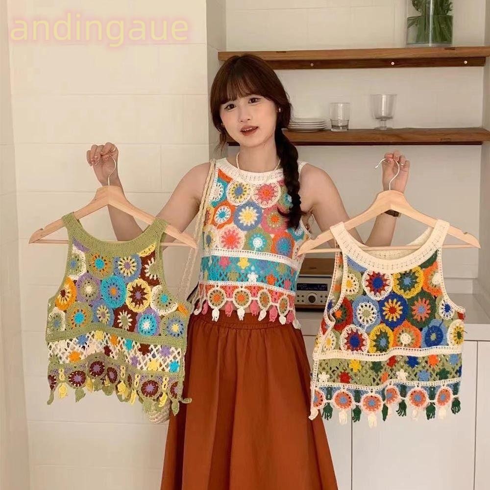 Andin เสื้อกั๊กถัก,เสื้อครอปผู้หญิงคอสั้น,แขนกุดโครเชต์พู่โบฮีเมียนแขนกุด Cami