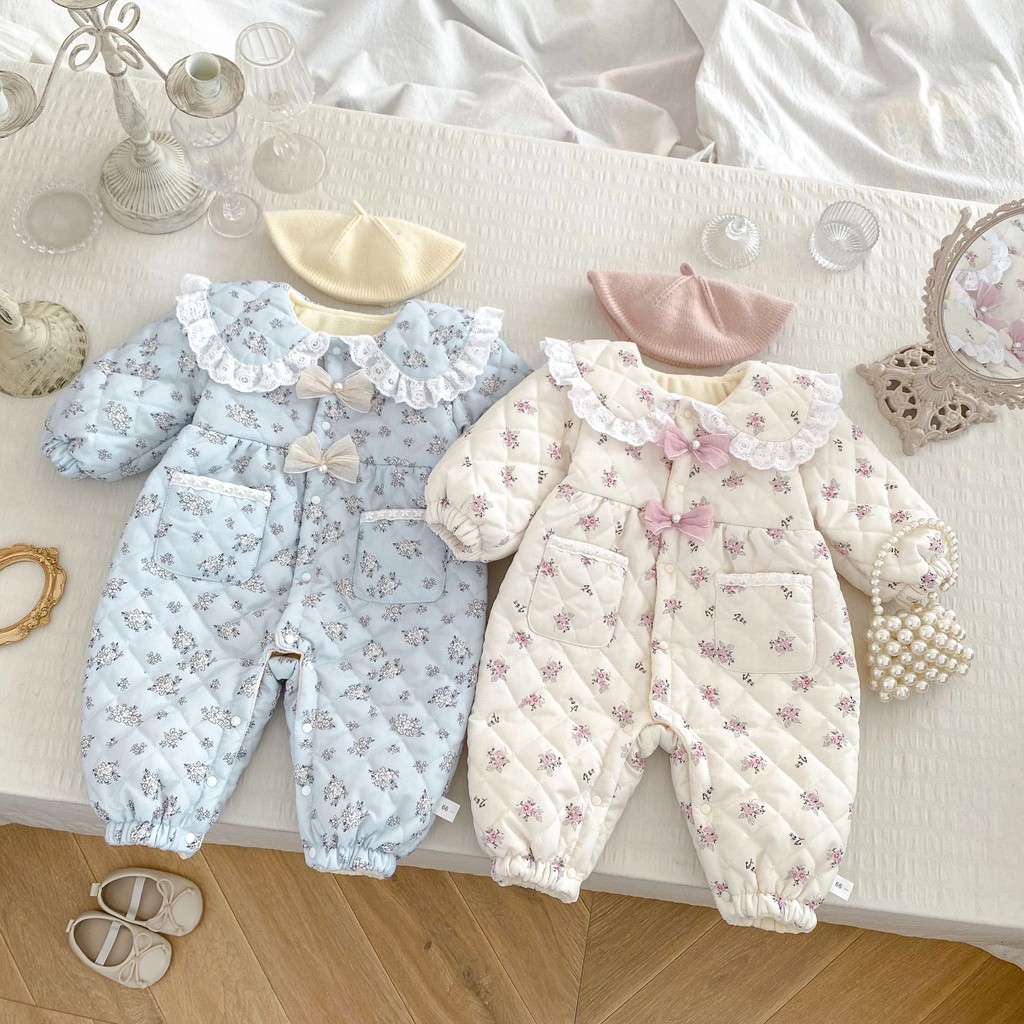 สไตล์ใหม่เด็กสาวดอกไม้หวานขนแกะซับjumpsuitลูกไม้lapelเสื้อผ้าเด็กผ้านวมหนาโบว์romper OUP1