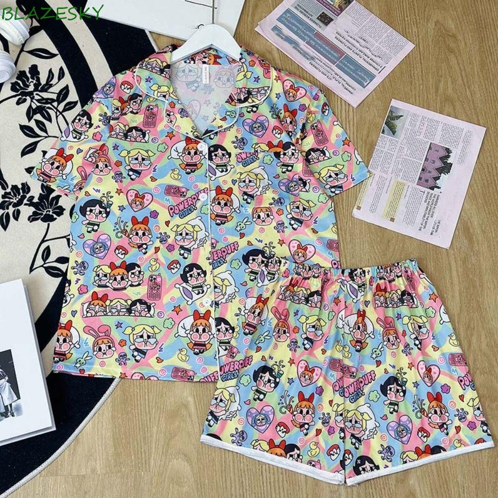 ชุดนอนตุ๊กตา BLAZESKY Crybaby, ชุดนอนชุด Pop Mart แขนสั้นสีลูกกวาด, การ์ตูนลําลองคอวีหลวม Powerpuff Girls ชุดนอนฤดูร้อน