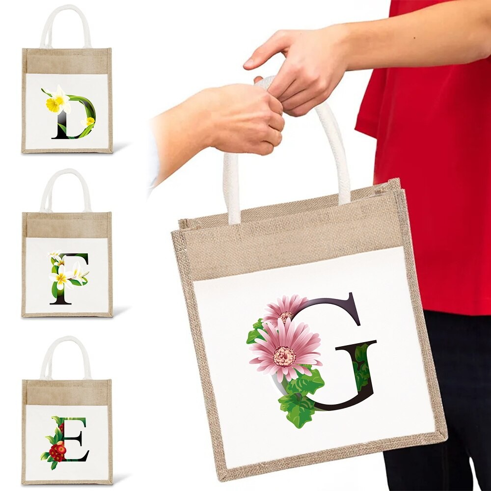 กระเป๋า Jute สีดอกไม้พิมพ์ขนาดใหญ่ความจุคอตตอนใหม่ EcoTote ถุงกระเป๋าผ้ากระเป๋าถือ
