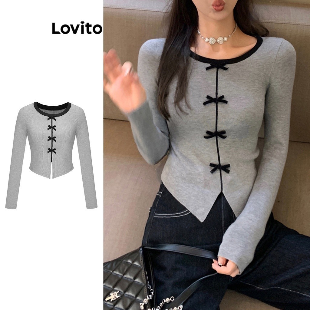 Lovito เสื้อยืดผู้หญิง มีโบว์หน้า สีพื้น คัลเลอร์ สไตล์ลำลอง L67AD026 (สีเทา)