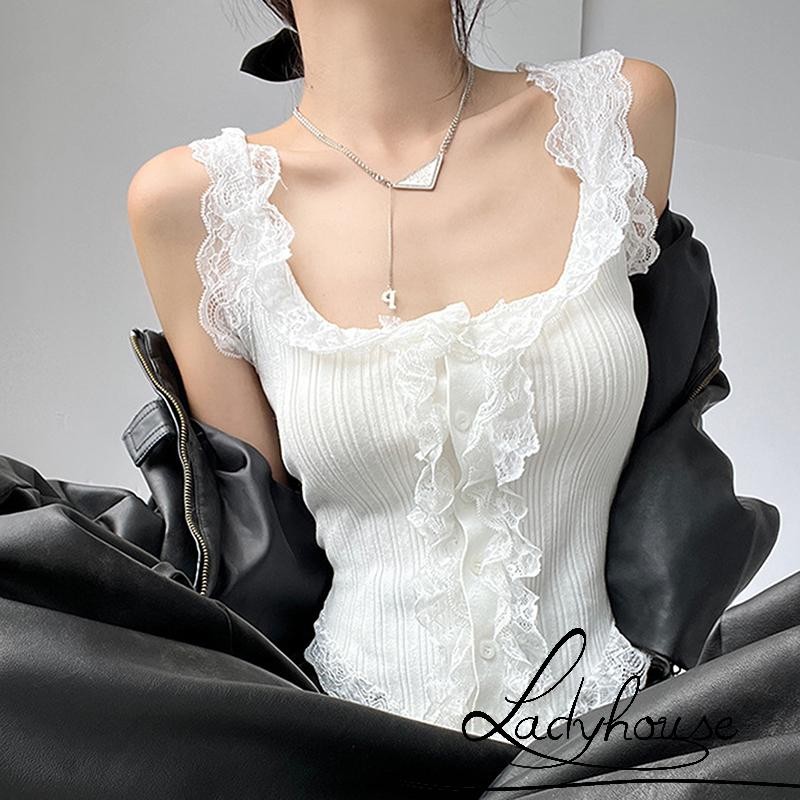 Ldd-เสื้อชั้นในสตรีผ้าถักบางหวานสายสะพายไหล่ลูกไม้ปุ่มคอสี่เหลี่ยมด้านหน้าแสดงเสื้อกล้ามสะดือ