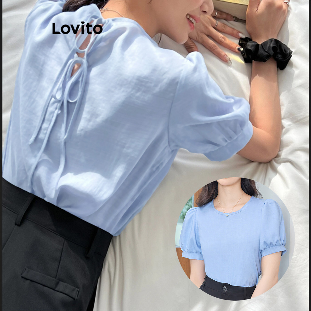 Lovito เสื้อเบลาส์ลูกไม้สีพื้นหรูหราสำหรับผู้หญิง L108ED360