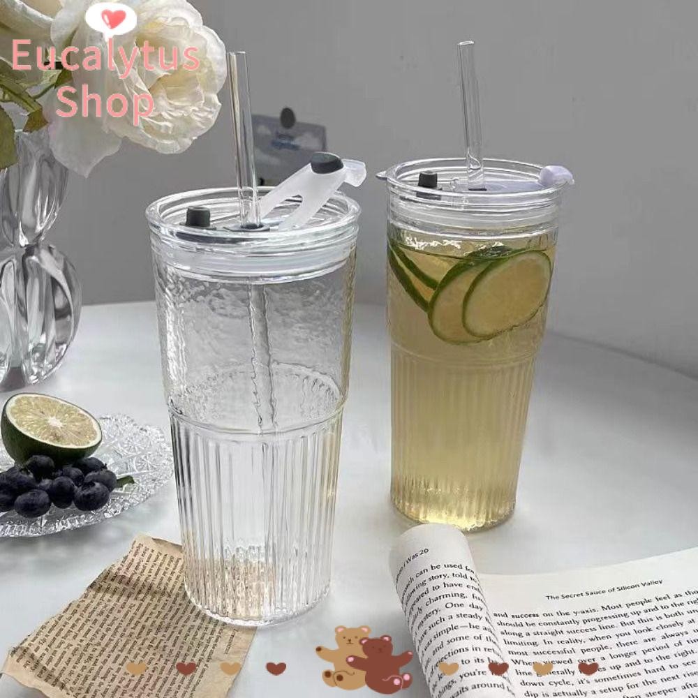 Eucalytus1 600ml ถ้วยแก้วลายพร้อมฝาปิดและฟาง Drinkware แก้วดื่ม, แฟชั่นขนาดใหญ่ความจุโปร่งใสแว่นตาทนความร้อนถ้วยฟางสําหรับน้ําผลไม้นมชา