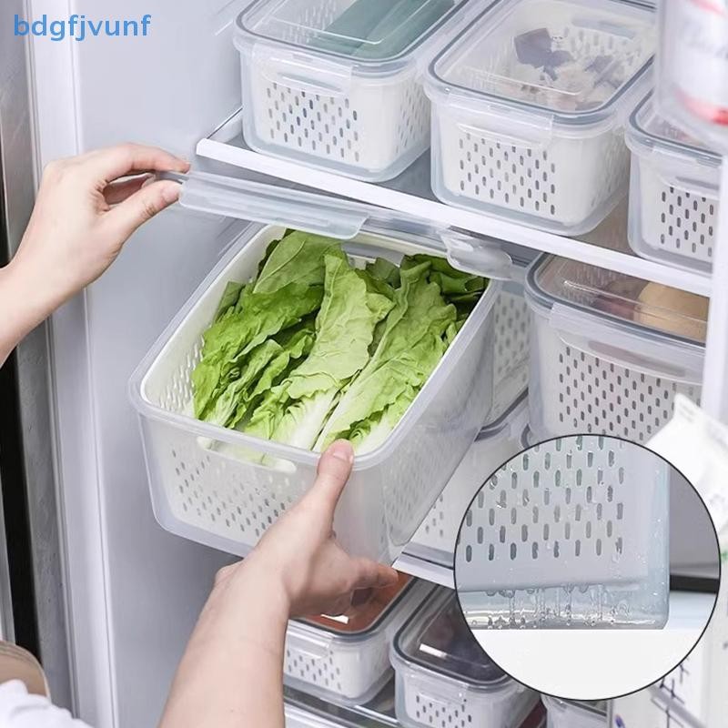 Bdgf ผลไม้กล่องถนอมผักโปร่งใส Double-Layer พร้อมตะกร้าท่อระบายน้ําปิดผนึกพร้อมฝาครอบห้องครัวตู้เย็นกล่องเก็บ TH