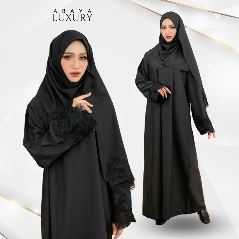 ชุดเดรสพร้อมฮิญาบ สำหรับสตรีมุสลิม สีดำเรียบง่ายสไตล์สาวอาหรับ แต่งลูกไม้เล็กน้อ