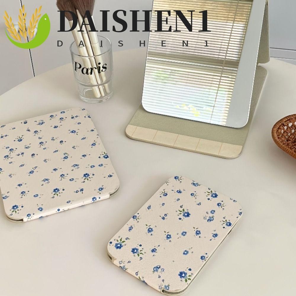 Daishen1 กระจกแต่งหน้า หนัง Pu พับได้ ลายดอกไม้ ขนาดกะทัดรัด