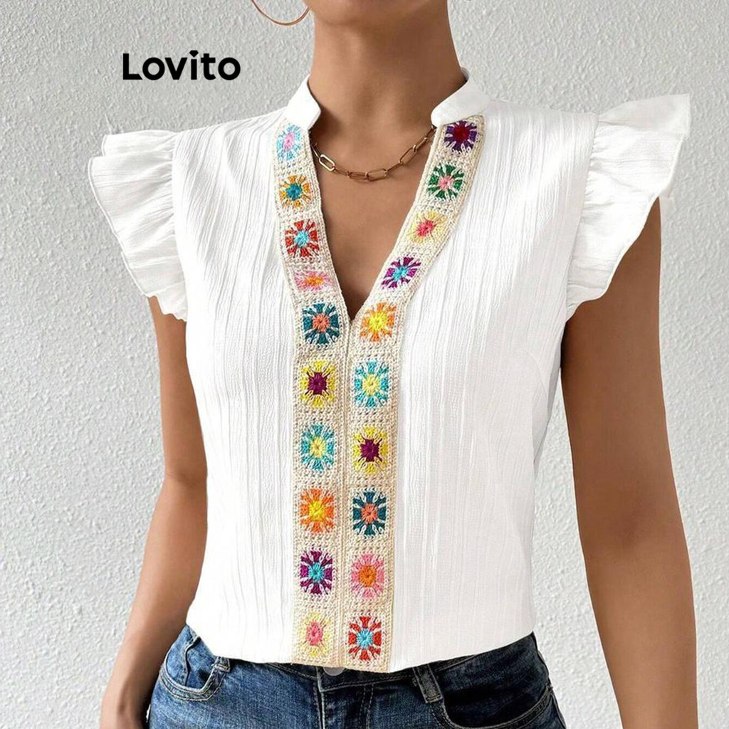Lovito เสื้อเบลาส์ถักเปียธรรมดาสำหรับผู้หญิง LNL74371
