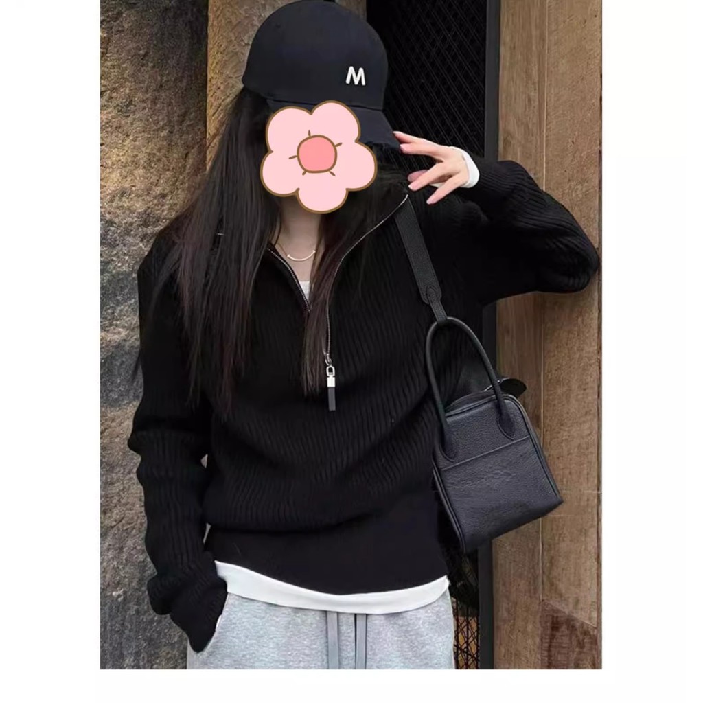 เสื้อสเวตเตอร์คอเต่าครึ่งซิปสำหรับผู้หญิงฤดูใบไม้ร่วงและฤดูหนาวแบบใหม่ดีไซน์สไตล์ตะวันตกลดอายุเสื้อสเวตเตอร์ด้านในสีเทาด้านนอกฉันจำ k2xi