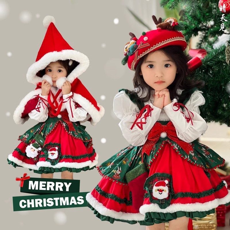 คริสมาสต์สาวชุดซานตาเจ้าหญิงชุดเด็กคริสต์มาสเครื่องแต่งกาย กวางเอลก์ พิมพ์ชุดเสื้อคลุมสีแดงสาวฤดูหนาวโลลิต้าชุดเจ้าหญิงแฟชั่น