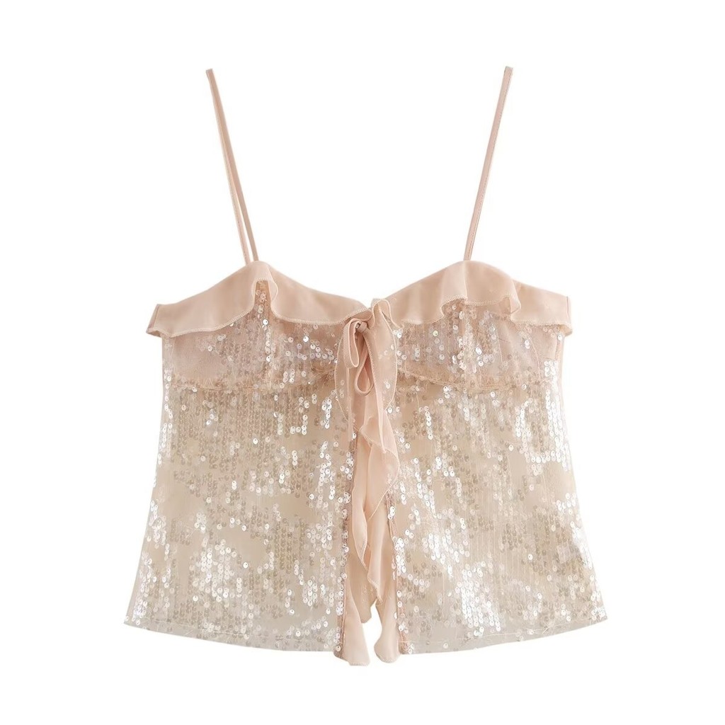 Qunz แฟชั่น Lotus Leaf Edge Lace Up เสื้อสายเดี่ยวกลิตเตอร์ 5039