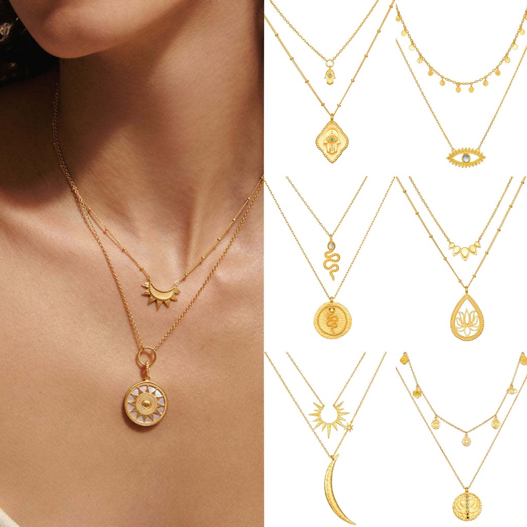สองไฟฟ้า 18K สแตนเลสยุโรปอเมริกัน ins แฟชั่น Sun Moon Star เช้าซ้อนสุภาพสตรีสร้อยคอสองชั้นของขวัญ