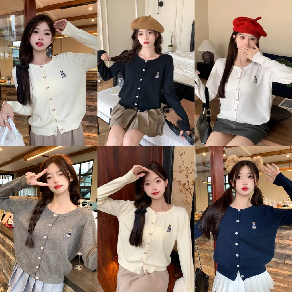 Evelyn เสื้อกันหนาวแขนยาว คอกลม ปักลายหมี คาร์ดิแกนไหมพรม สไตล์เกาหลี เข้ารูป ใส่สบาย สไตล์ลำลอง#Y-2812