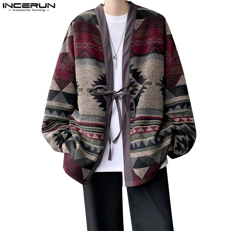 Incerun ชุดกิโมโนแขนยาวผูกเชือกลําลองสไตล์เกาหลีสําหรับผู้ชาย