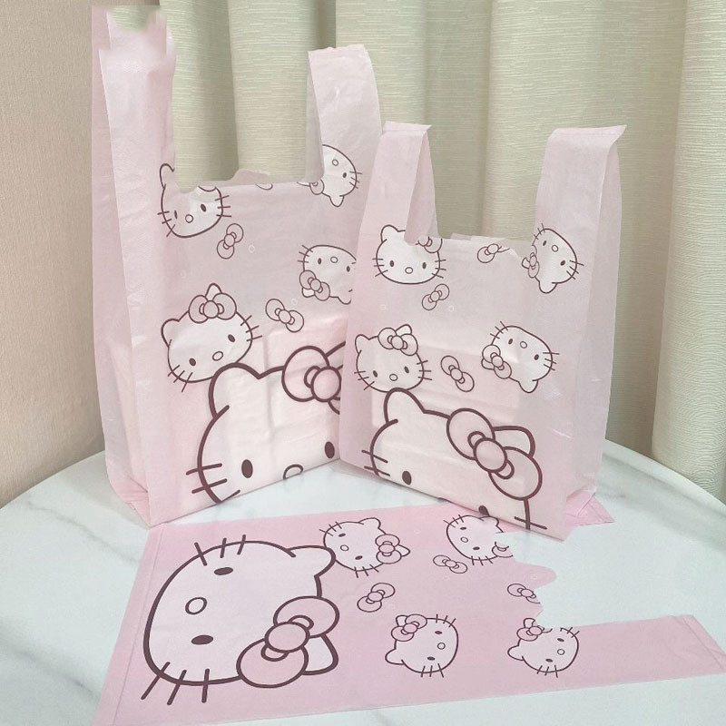 ถุงถุงพลาสติกหญิงสีชมพูถุงหิ้วถุงของขวัญถุงเก็บถุงขยะใช้ในครัวเรือนแบบพกพาการ์ตูนหญิงวัสดุ PE ย่อยสลายได้