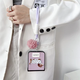 น่ารักการ์ตูนสุนัขหนังบานพับกรณีพลิก Samsung Galaxy Z Flip 7 Z Flip 6 7FE Z Flip 5 Z Flip 4 ปลอก Hairball เชือกเส้นเล็กสายรัดข้อมือ Hard PC กันกระแทกกลับ Shell