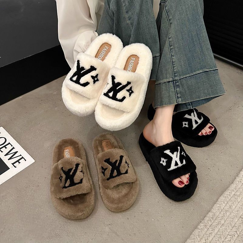 ปักfurryรองเท้าแตะผู้หญิงสวมใส่ด้านนอก 2024 สไตล์ใหม่หนาSoled Furryรองเท้าHigh-Endสุภาพสตรีแฟชั่นผ้าฝ้ายSlipp