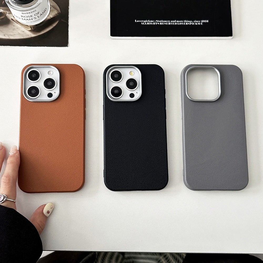 หรูหราสีทึบสําหรับiPhone 17 16 15 14 13 12 11 Pro Max 16E XR X XS Max 7 8 Plusหนังโลหะเลนส์กันกระแทกMatte Softปกหลัง - รูปที่ 4