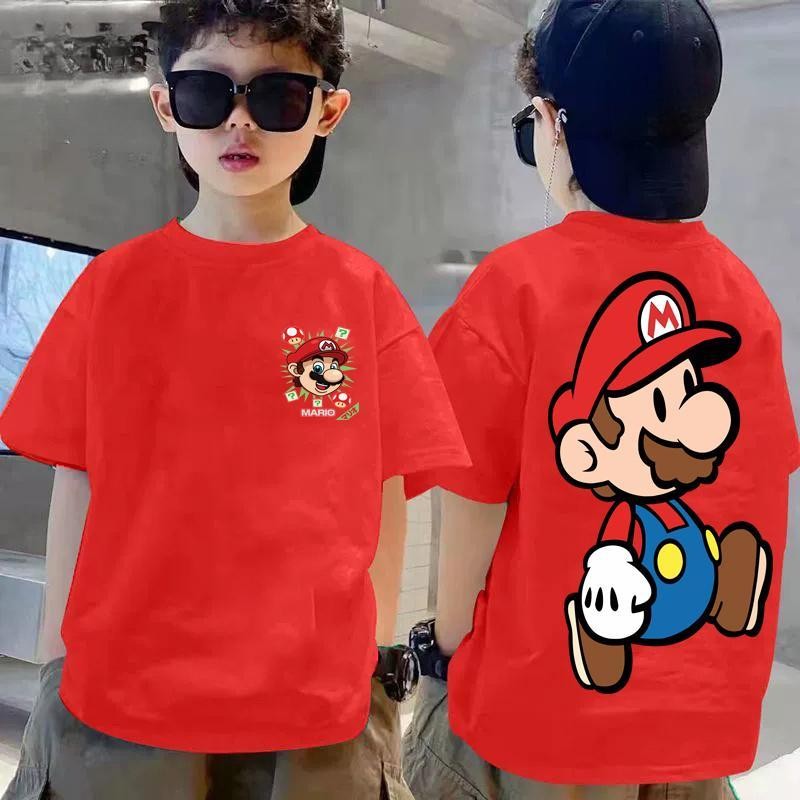 (จัดส่งตลอด 24 ชั่วโมง)เสื้อยืดเด็กชายการ์ตูนมาริโอการ์ตูนญี่ปุ่นเสื้อยืดผ้าฝ้ายเด็กเสื้อยืดพิมพ์ลาย ชุดไทยเด็กชาย ชุดไท