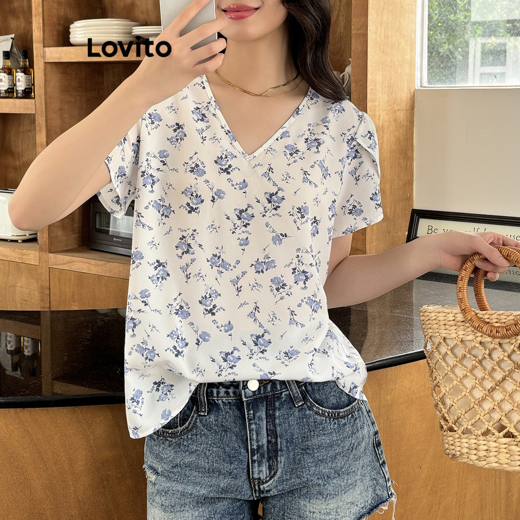 Lovito เสื้อเบลาส์ลายดอกไม้สไตล์โบฮีเมียนสำหรับผู้หญิง L108ED207